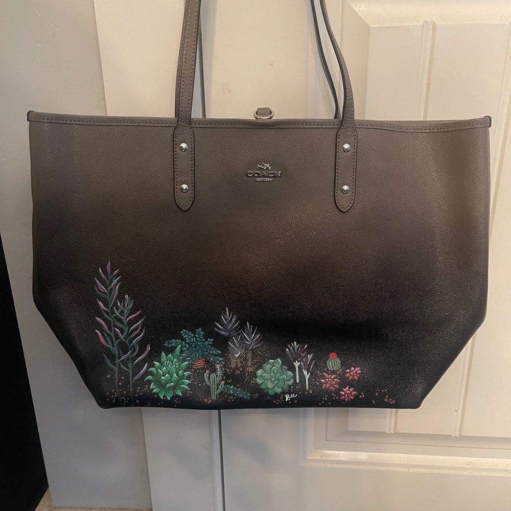 Coach Dark Brown Tote with Botanical Accents